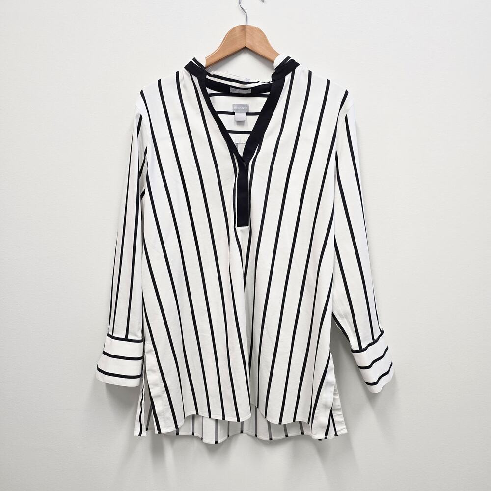 Chico’s Black and White Striped Long Sleeve No Iron Tunic Top Sz 16 - Picture 2 of 10